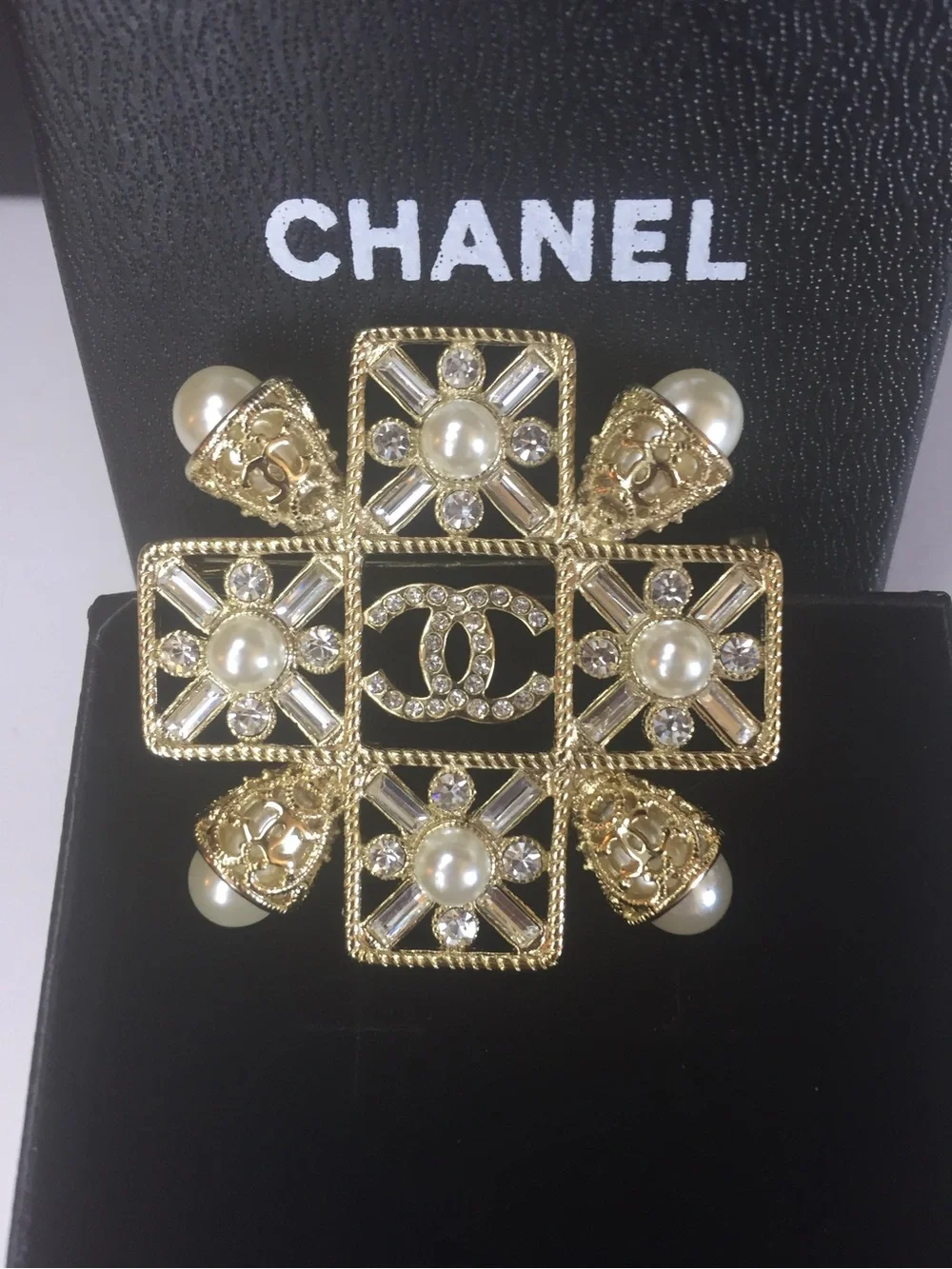 CHANEL Gold and Pearl Crystal CC Cross Brooch